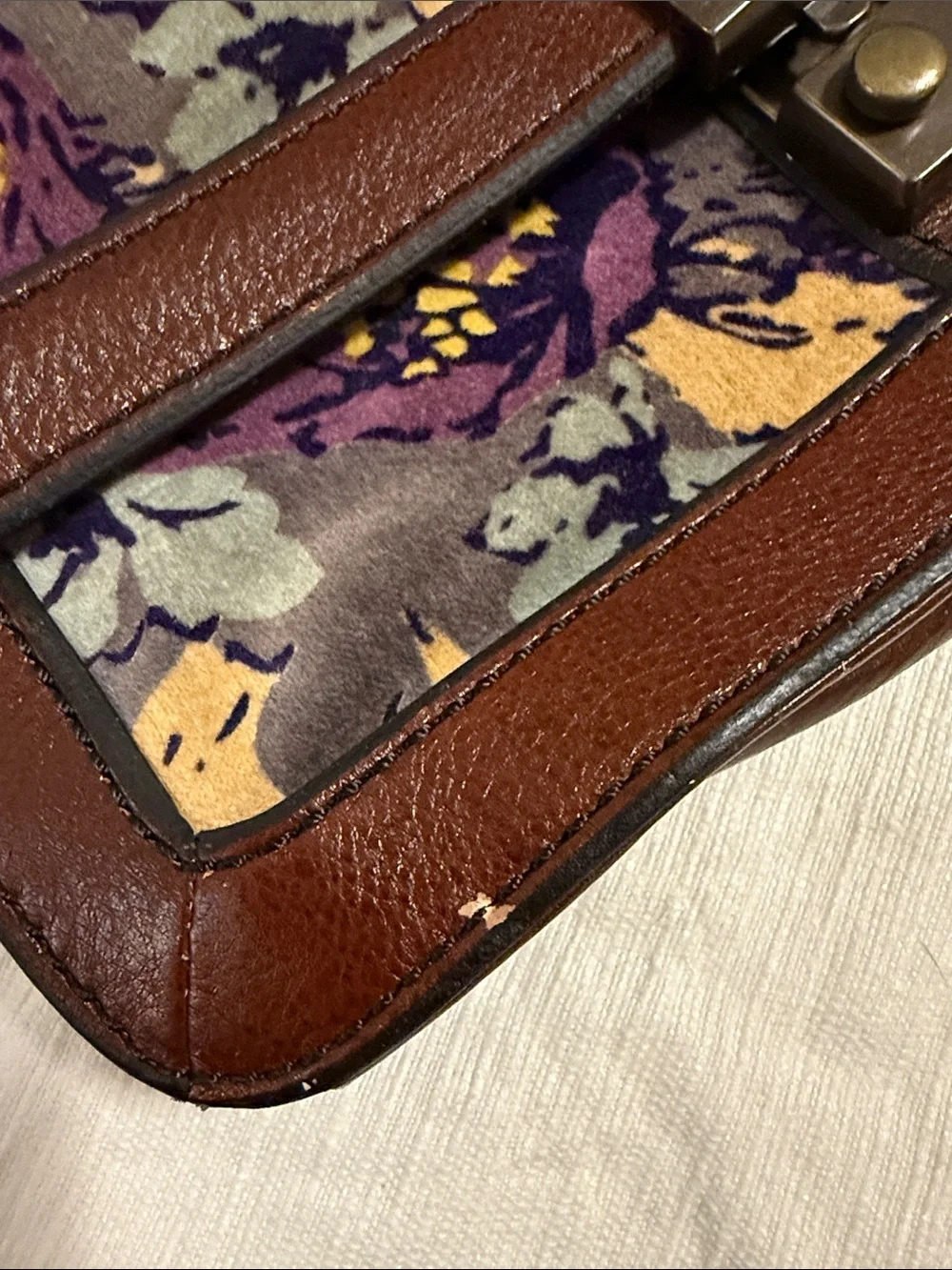 Fossil Brown Leather Shoulder Bag with Purple & Yellow Floral Panels - Picture 3 of 6